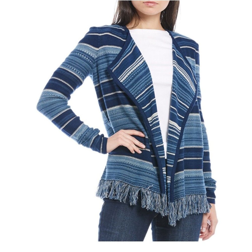 Lauren Ralph Lauren Women Boho Cardigan Sweater Striped Knit Fringe Blue Sz S/P